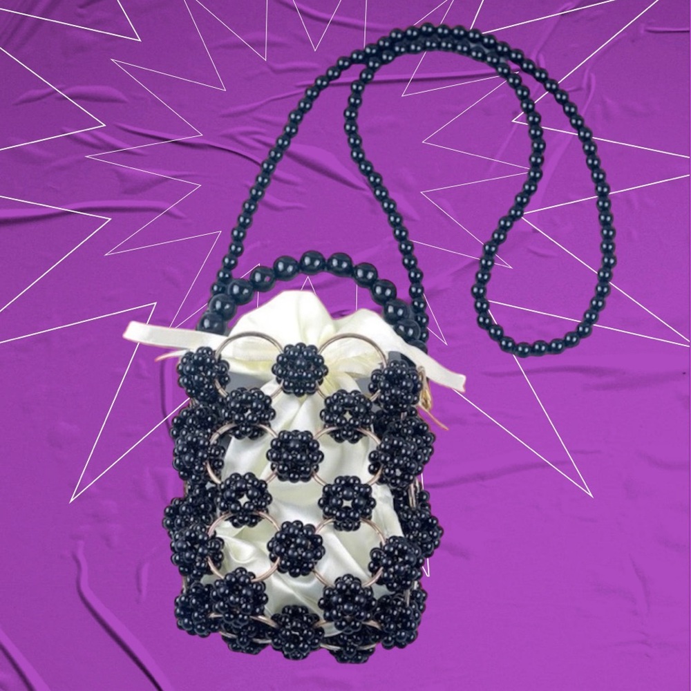 NEW Beaded Mini Bucket Bag Handcrafted with Faux Black Pearl Decor Design.